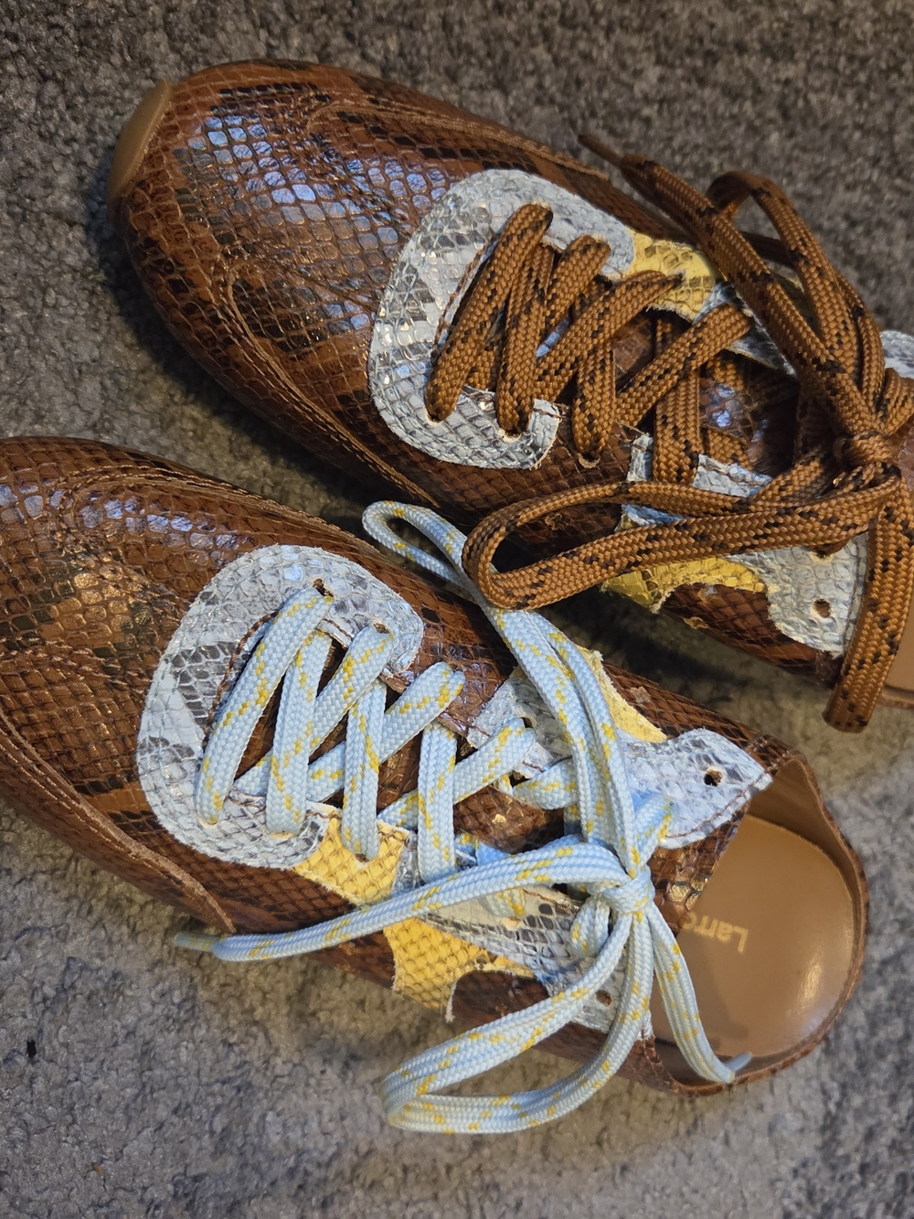 Larroude Brown Snake-Print Sneaker Mules with Light Blue & Gold Accents